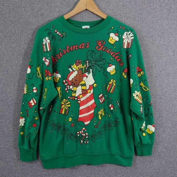Vintage Holiday Time Christmas Sweatshirt Green Xmas Goodies Bear Print Size M - Picture 1 of 4